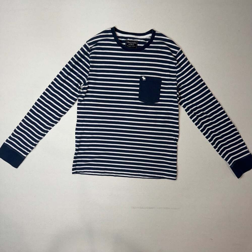 Abercrombie & Fitch Small Navy Blue and White Striped Long Sleeve Pocket T-Shirt